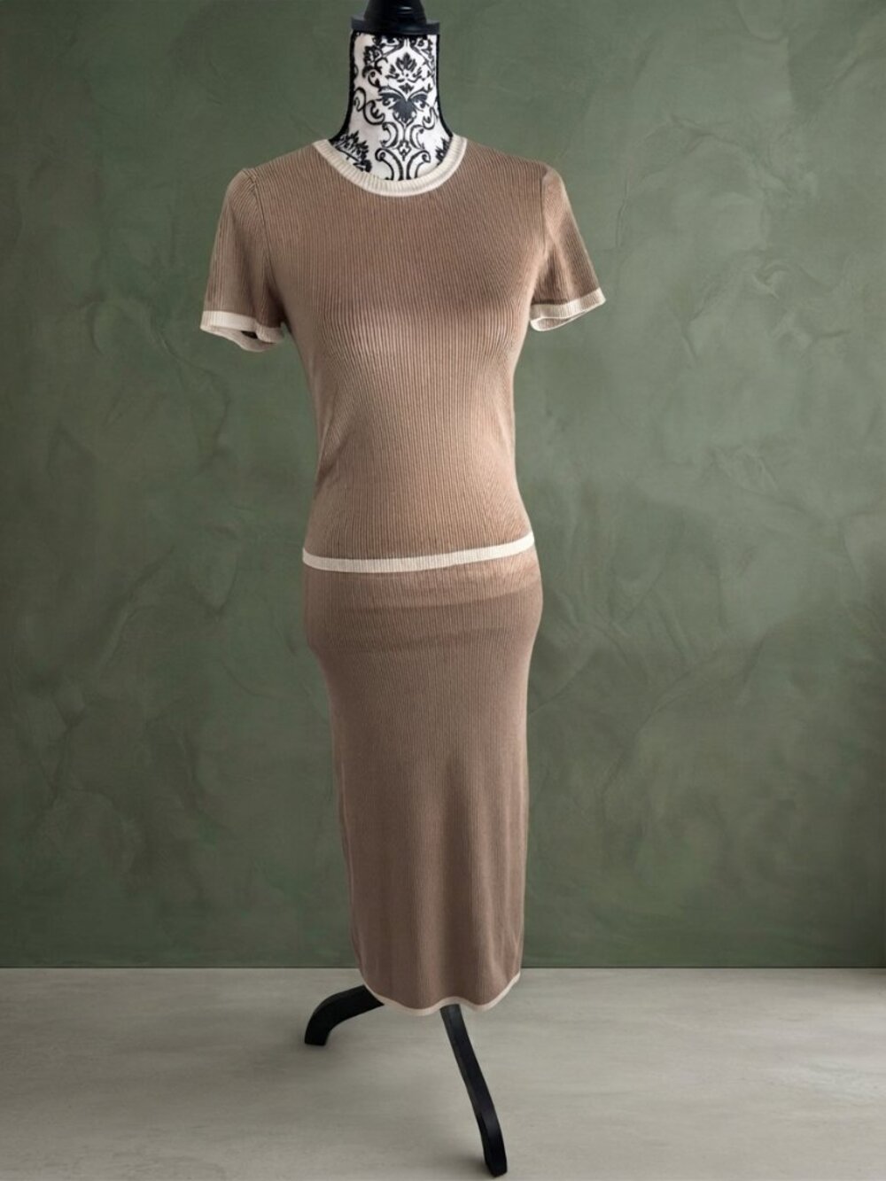 Rachel Zoe Taupe Ribbed Knit Midi Dress Set Sz XS